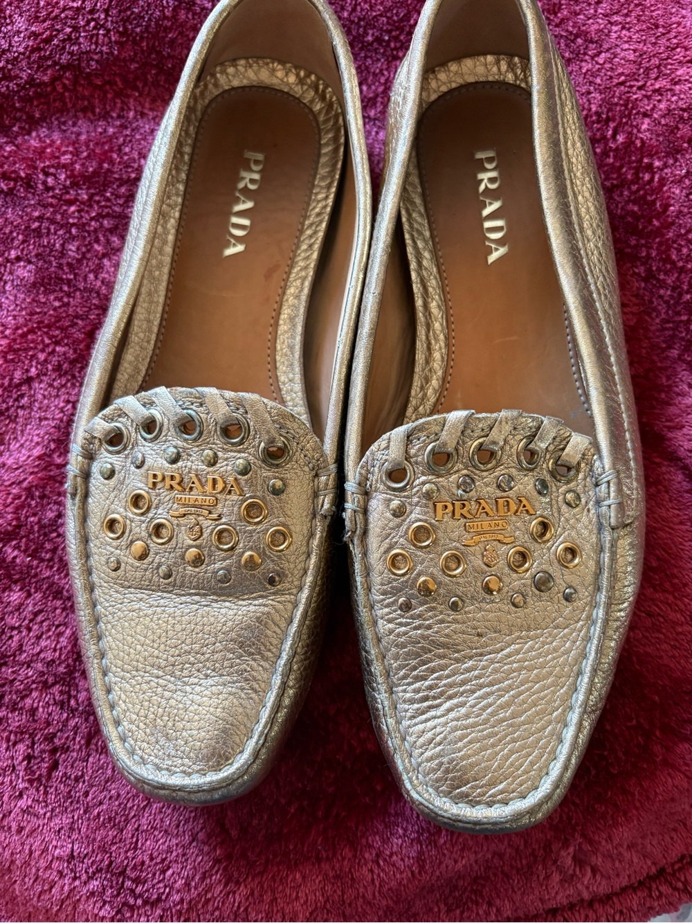 Prada Metallic Gold Leather Studded Loafers